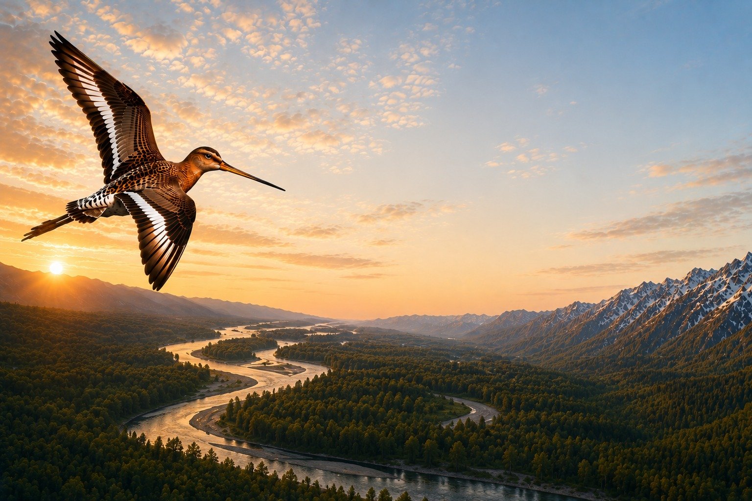 A Godwit flying over a river valley at sunrise