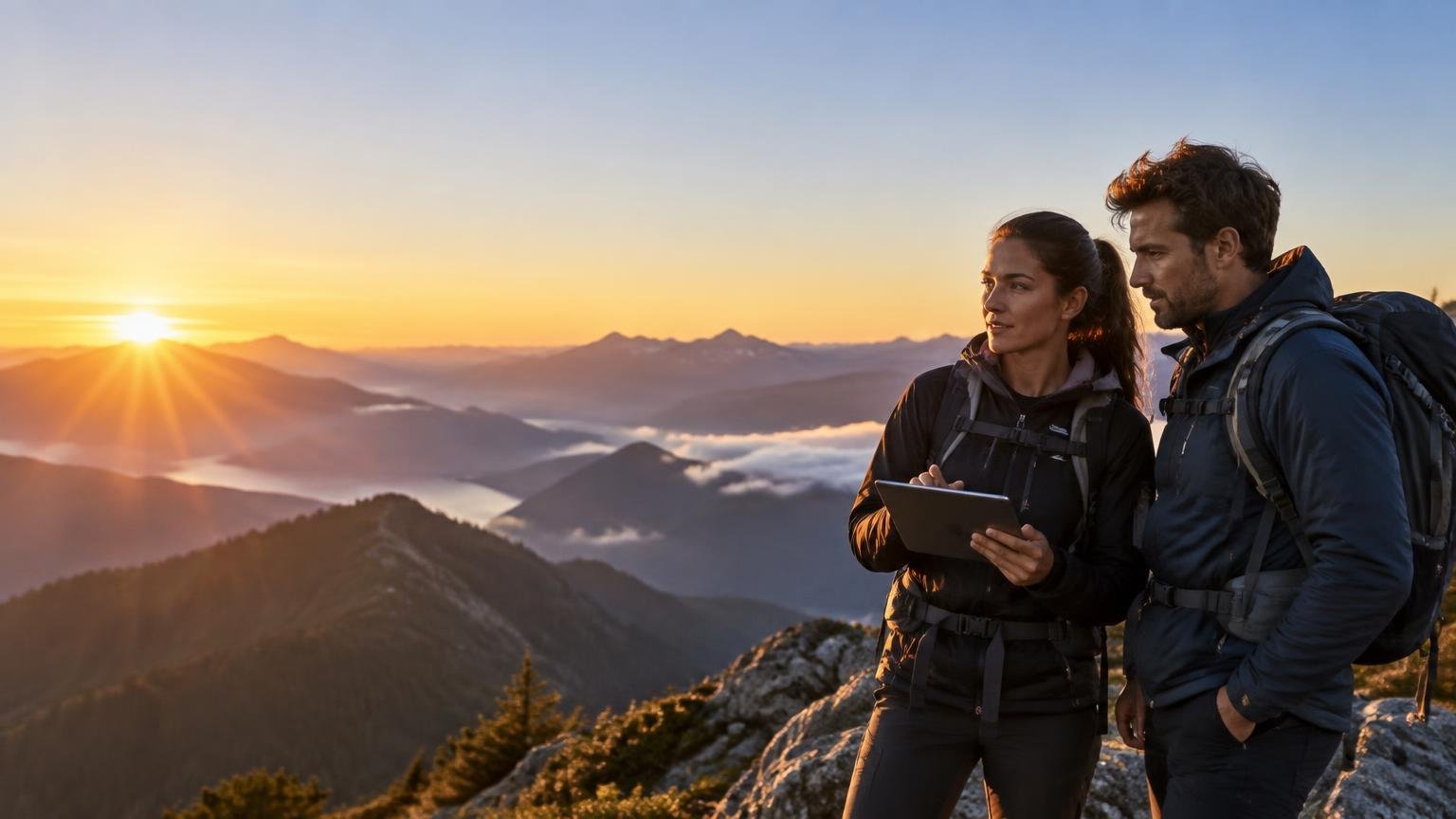 Two founders reviewing an idea on a tablet at sunrise