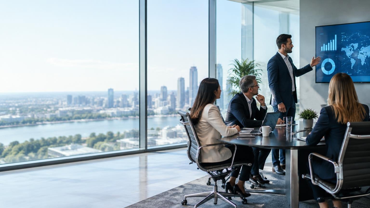 Business and technology professionals reviewing insights in a meeting room